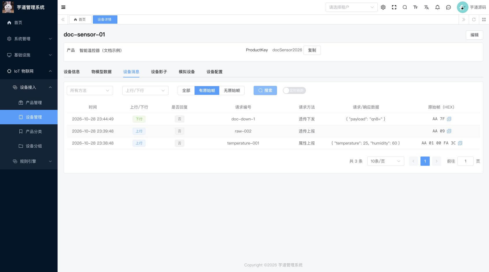 管理后台 - 原始帧消息（示例数据）