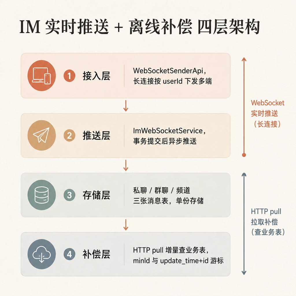 实时推送 + 离线补偿 四层架构